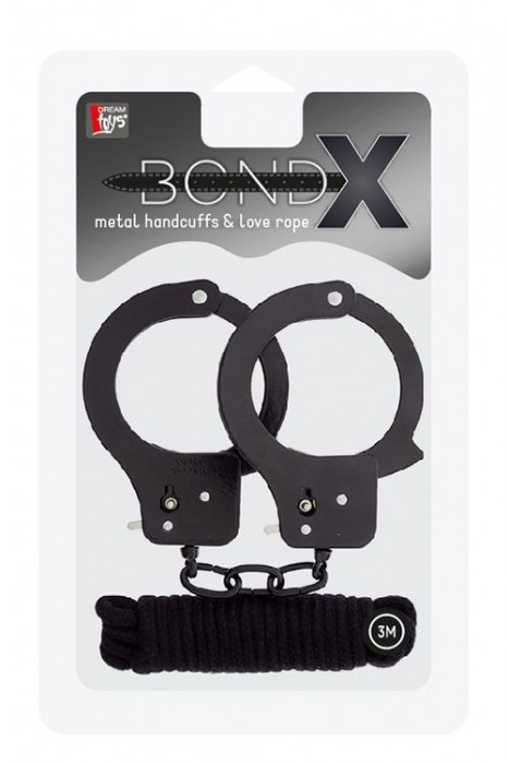 Чёрные наручники из листового металла в комплекте с веревкой BONDX METAL CUFFS LOVE ROPE SET - Dream Toys - купить с доставкой в Тюмени