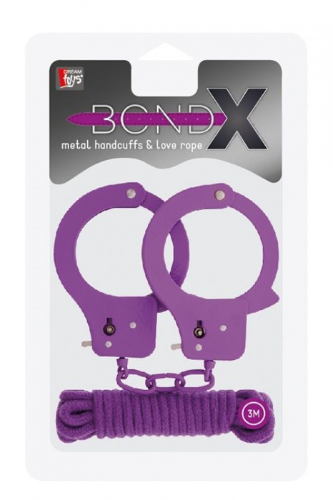 Фиолетовые наручники из листового металла в комплекте с веревкой BONDX METAL CUFFS LOVE ROPE SET - Dream Toys - купить с доставкой в Тюмени