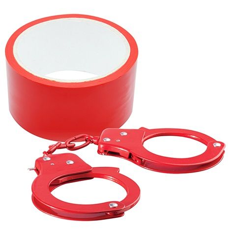 Набор для фиксации BONDX METAL CUFFS AND RIBBON: красные наручники из листового материала и липкая лента - Dream Toys - купить с доставкой в Тюмени