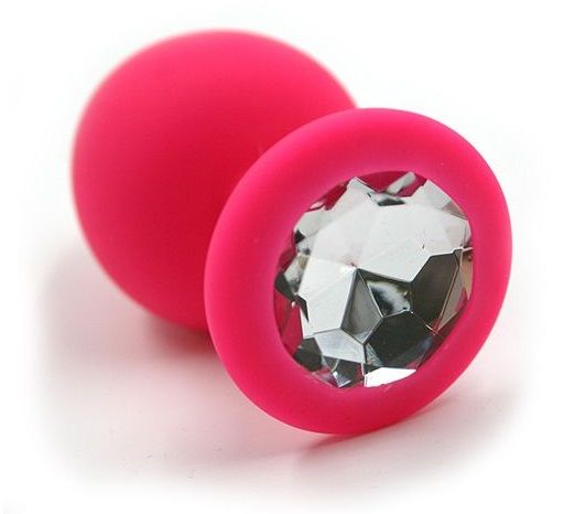 Розовая силиконовая анальная пробка с прозрачным кристаллом - 7 см. - Kanikule - купить с доставкой в Тюмени
