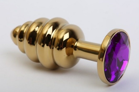 Золотистая рифлёная пробка с фиолетовым стразом - 8,2 см. - 4sexdreaM - купить с доставкой в Тюмени