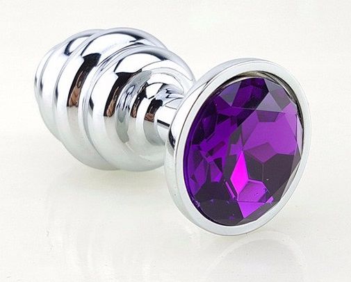 Серебристая рифлёная пробка с фиолетовым кристаллом - 9 см. - 4sexdreaM - купить с доставкой в Тюмени