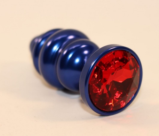 Синяя рифлёная пробка с красным кристаллом - 7,3 см. - 4sexdreaM - купить с доставкой в Тюмени