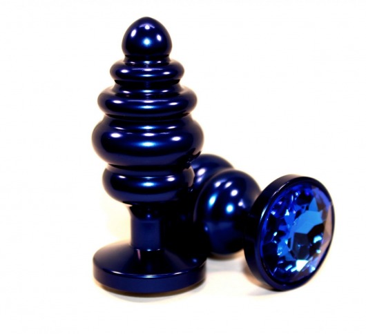 Синяя рифлёная пробка с синим кристаллом - 7,3 см. - 4sexdreaM - купить с доставкой в Тюмени
